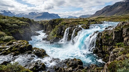 Obraz premium Vivid blue water of an Icelandic stream cascading over a waterfall, striking natural landscape with cold clarity and strong travel appeal, ideal for Iceland tourism, wilderness and scenic nature