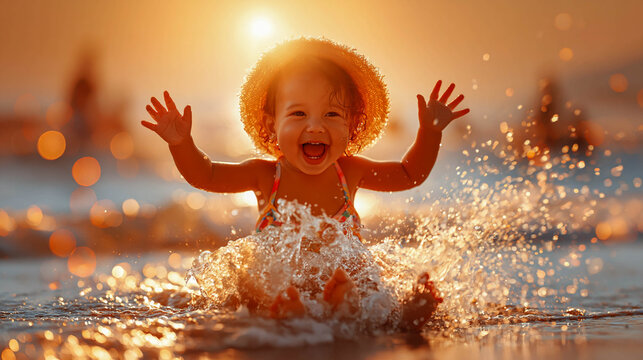 A joyful child splashing in the sea at sunset, sitting at the edge of the sea, splashes and warm golden light, the concept of childhood, summer, and family vacations by the sea.