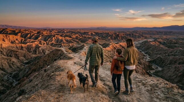 Mom, Dad, Dogs and Son Walking Downhill at Font's Point at Dusk, scenic family travel lifestyle concept in Anza-Borrego, warm sunset over dramatic badlands, authentic outdoor bonding with pets,
