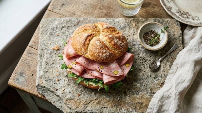 a rosetta sandwich with mortadella seen from above on stone, appetizing food or drink concept for menu, hospitality and lifestyle branding, clean composition, natural light, photorealistic, high