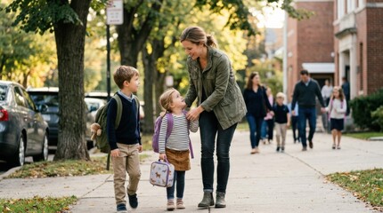 Fototapeta premium Mother taking kids to school or daycare, caring parenting routine and family lifestyle concept for education branding, parenting campaigns and editorial storytelling, morning light, backpacks and warm
