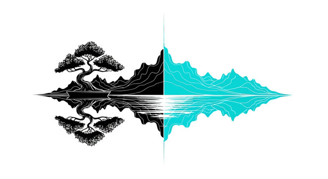 Dual contrast split design featuring a bonsai tree and mountain landscape.