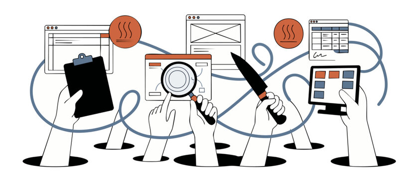 Web developer multitasking team collaboration workflow concept with hands holding clipboard, magnifying glass, and knife, representing digital programming, testing, cybersecurity risk, or chaos.