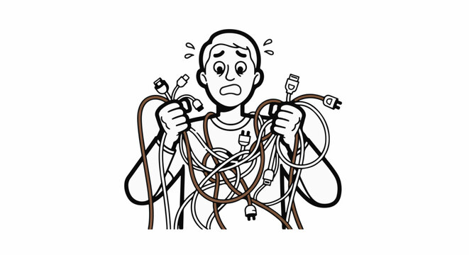 Confused person tangled in messy wires illustration.