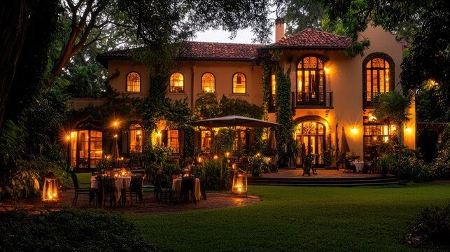 Elegant stucco residence features outdoor dining setup illuminated by warm evening light surrounded by lush foliage