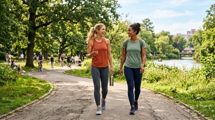 Fototapeta premium Athlete women strolling in the park, active lifestyle concept with casual fitness energy, outdoor wellness mood and natural companionship, bright daylight, realistic posture and polished commercial