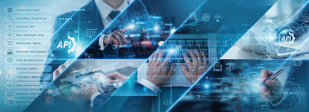 Software integration systems. Network developers connecting application interfaces to streamline communication across a complex global business network securely. Seamless cloud architecture.