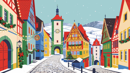Obraz premium Charming medieval European town square decorated for Christmas with colorful half-timbered houses and snow-covered cobblestone street.