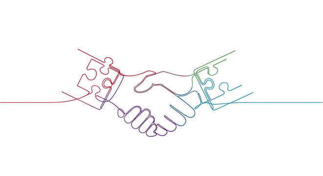 A single line drawing of a handshake where the wrists are formed by interlocking jigsaw puzzle pieces in a vibrant rainbow gradient against white space.
