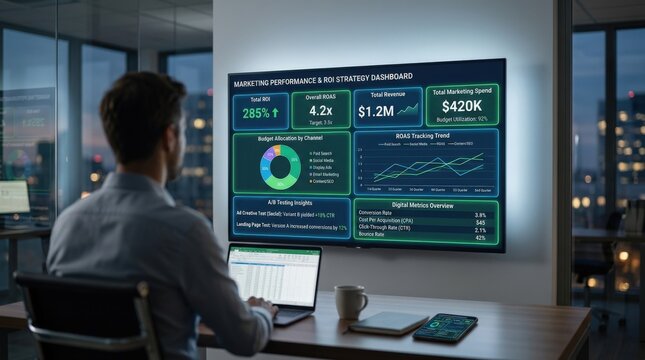 ROI strategy marketing performance, budget allocation, ROAS tracking and A/B testing insights with KPI dashboard optimization, advertising analysis and digital metrics for business growth, clean