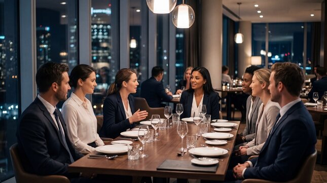 Networking dinner event for business professionals in urban restaurant with city view formal setting
