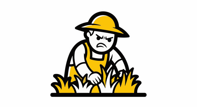 Cartoon Farmer Working Angrily in Wheat Field Illustration.