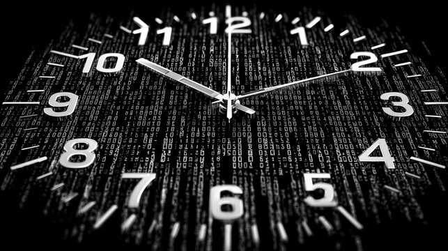 Clock face with numbers replaced by flowing binary code and hands made of light symbolizes real time data. digital background creates futuristic and dynamic feel