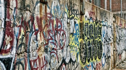 Fototapeta premium Weathered graffiti texture on an urban concrete wall, layered spray paint, cracked wall texture and gritty urban energy for street culture branding, poster design, music visuals and youth marketing,