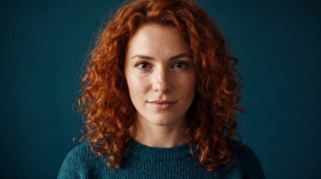 Portrait of a confident redhead woman against a blue background studio photography emotional expression