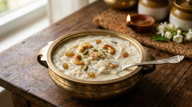 Kerala palada payasam, creamy rice dessert with delicate sweetness and festive South Indian appeal for restaurant menus, dessert branding and traditional food promotion themes, soft light, realistic