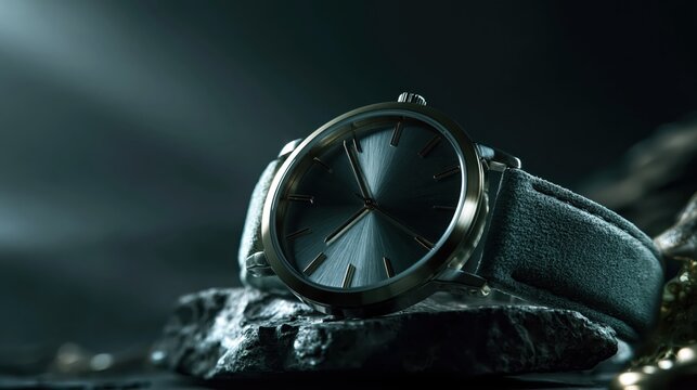 Elegant Minimalist Wristwatch Resting on a Dark Textured Rock Surface Under Moody Lighting