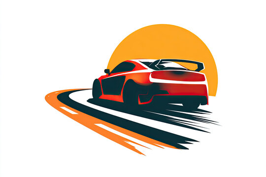 Fast sports car silhouette with motion lines. Speeding vehicle  logo design on curved road. Auto racing icon. 