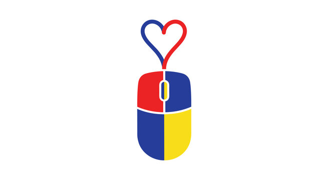A computer mouse divided into four distinct colored quadrants features a heart-shaped cord extending upwards against a clean and minimalist white background.
