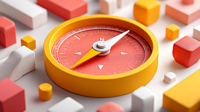 Vibrant compass with yellow frame points north, surrounded by colorful geometric shapes, symbolizing business direction and strategy. scene is dynamic and modern