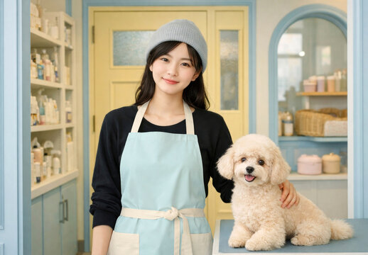 Woman With Apron Mockup And Dog In Pet Shop PSD