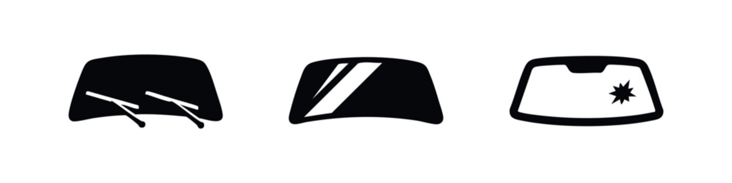Car windshield icons set. Symbols for auto glass, wipers, and vehicle damage.