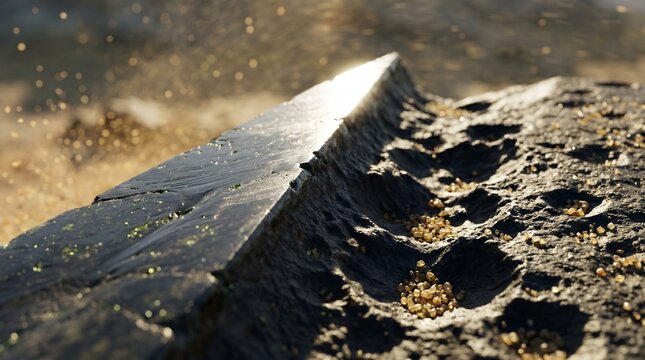 Macro close-up of a dark, pitted stone edge with golden sand grains and glowing floating dust particles in bright sunlight.