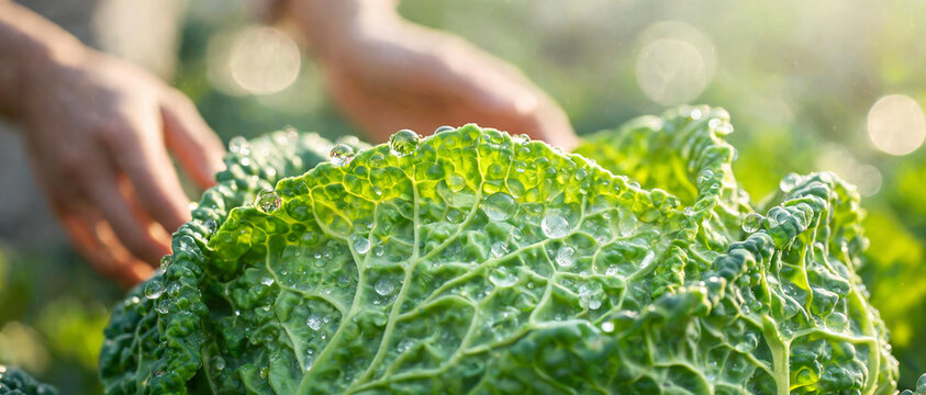 Close-up of savoy cabbage leaf texture with transparent dew drops in the sun, with a blurred background of a farmer.