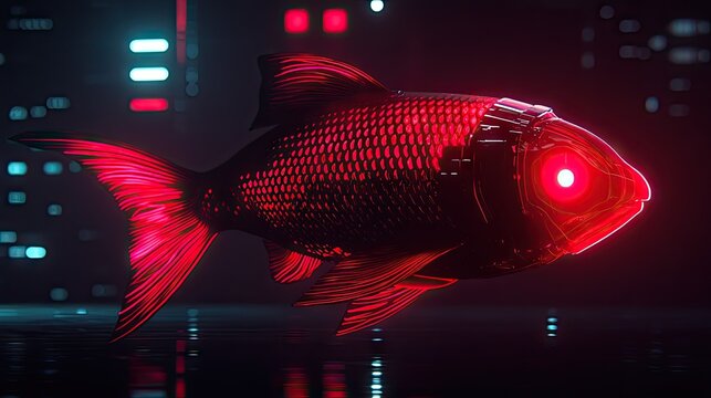 Illumination of a metallic fish with glowing red features against a dark, futuristic backdrop