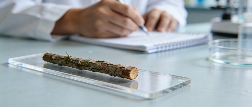 Small dry tree branch on a glass stand in a laboratory close-up against a researcher writing notes.