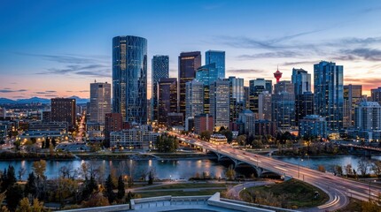 Naklejka premium Blue-toned glass towers at dusk in downtown Calgary, strong travel, architecture or business concept with clean composition, valuable stock search terms and professional clarity, soft natural light,