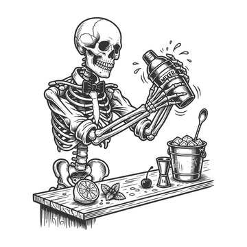 skeleton bartender shaking a cocktail mixer beside ice, citrus, mint, and bar tools sketch engraving generative ai fictional character raster illustration. Scratch board imitation. Black and white.