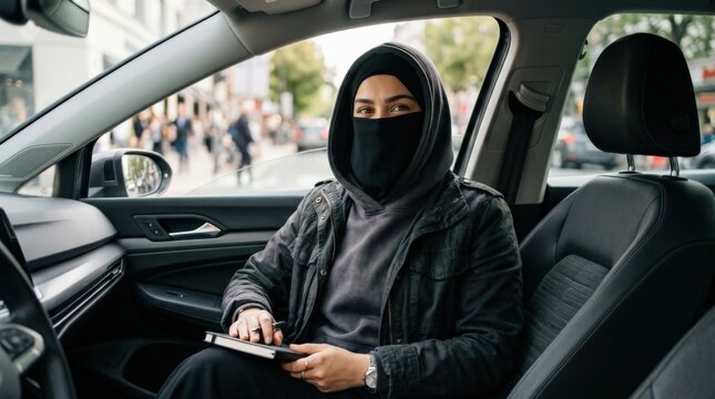 Stylish woman in niqab posing in a car wearing a cool hoodie, modest fashion editorial for lifestyle branding, urban campaigns and contemporary portrait storytelling, confident expression, modern