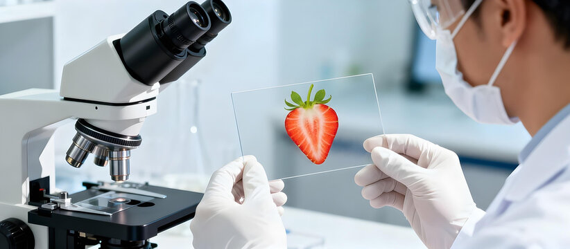 Scientist in a laboratory examines a strawberry slice on a glass slide in front of a microscope for food quality control.