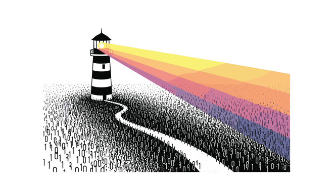 A lighthouse emits a vibrant, colorful, grainy gradient beam over a dense field of binary code set against a crisp and bright white background surface.