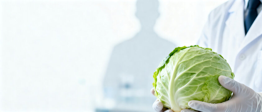 Scientist in a white lab coat and gloves holding a fresh green cabbage.