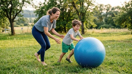 Naklejka premium Mother and son playing with fitness ball outdoors, active family wellness concept for exercise, parenting, health, movement and joyful connection, candid play in open air with fresh energetic
