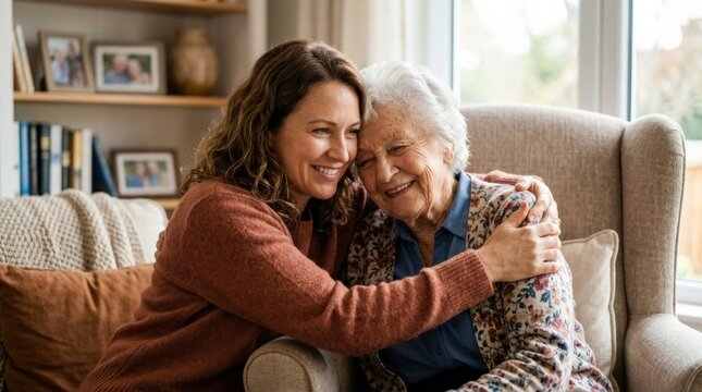 Portrait of a daughter embracing her elderly mother, tender family bond, care, support and intergenerational love in a warm intimate lifestyle moment, natural light, authentic emotion, realistic