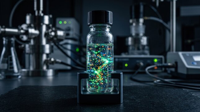 Fluorescent quantum dots glowing in liquid, macro science image representing nanotechnology, AI innovation and advanced data solutions for enterprise research, dark premium laboratory aesthetic, vivid