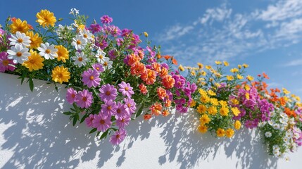 Obraz premium Colorful blooming flowers in a white planter box against a blue sky.
