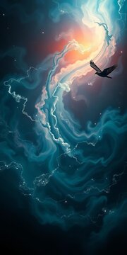 Indigo and emerald ether swirls, a cosmic ballet in monochrome depth,  textured background,  moody