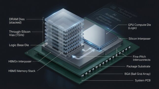 HBM memory stack architecture for GPU hardware, advanced semiconductor packaging, high bandwidth computing, AI acceleration and enterprise performance concept, clean technical visualization with