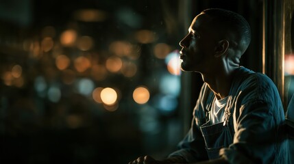 Naklejka premium Thoughtful African American Man Looking Out of a Window at Night in Urban City Setting Portrait