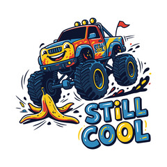 Colorful monster truck cartoon character driving over a yellow banana peel © MdAnisul