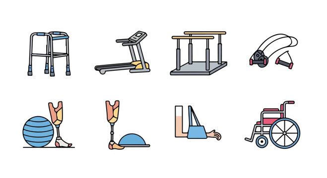 Physical therapy equipment icons, rehabilitation medical tools set, orthopedic recovery and mobility aids vector, wheelchair and prosthetic leg illustrations