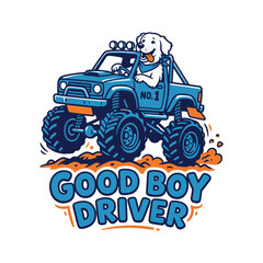 Happy white dog driving a blue monster truck with good boy driver text © MdAnisul