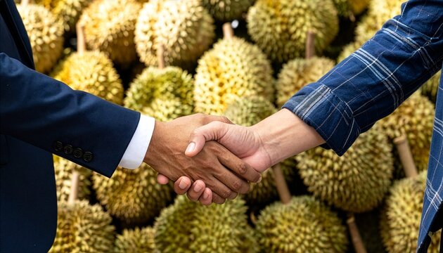 A handshake between two business people, one in a suit and the other in a plaid shirt, is pictured in front of a backdrop of fresh durian fruit.