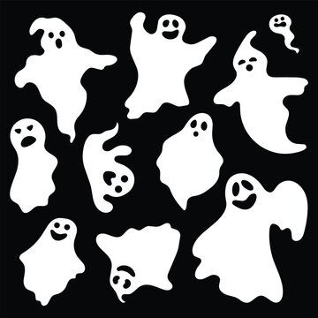 White spooky halloween ghost silhouettes collection floating on a black background