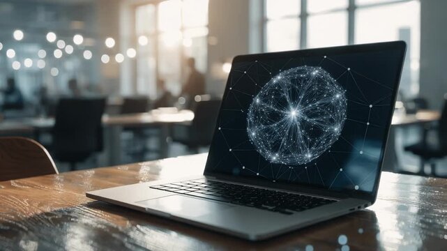 Focused medium shot of laptop screen displaying offshore trust framework with outoffocus office environment highlighting secure asset management.