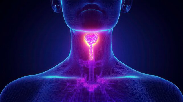 A woman self-examines her thyroid, which may be affected by conditions like goiter, hyperthyroidism, hypothyroidism, tumors, or cancer